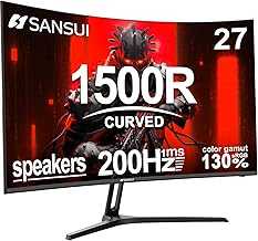 SANSUI 27 Inch Curved Gaming Monitor 200Hz 180Hz 1ms with Speakers FHD 1080P Computer Monitor FreeSync|1500R|130% sRGB|HDR|Low Blue Light|HDMI DP Ports|VESA Mount|Metal Stand(HDMI Cable Incl.)